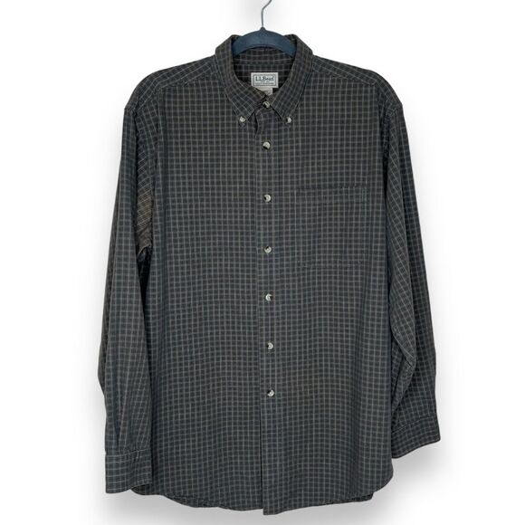 LL Bean Plaid Check Button Down Green Tan Blue Long Sleeve Shirt Men Medium - Picture 1 of 13